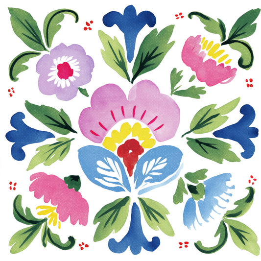 floral, botanical, spring, summer, folk art, traditional, whimsical, navy blue, dusty rose, pink, yellow, light blue, forest green, sage green, red, colorful, nature, leaves, flowers, symmetrical, scandinavian, vintage, cottage core, hand-painted, watercolor, medallion, center motif, multicolor, cheerful, garden