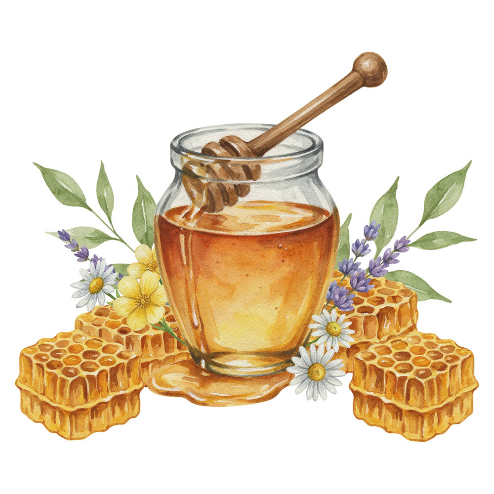 honey, honeycomb, jar, wooden dipper, golden yellow, amber, cream, white, lavender purple, sage green, floral, daisy, chamomile, lavender flowers, herbs, nature, botanical, rustic, farmhouse, vintage, whimsical, elegant, spring, summer, beekeeping, apiary, natural, organic, food and beverage, kitchen