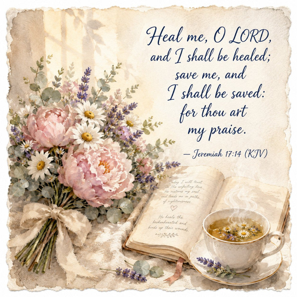floral, botanical, peonies, daisies, lavender, vintage, scripture, religious, inspirational, healing, prayer, cream, ivory, dusty rose, pink, purple, sage green, eucalyptus, tea cup, herbal tea, book, spiritual, elegant, romantic, cottage core, farmhouse, spring, summer, traditional, nature