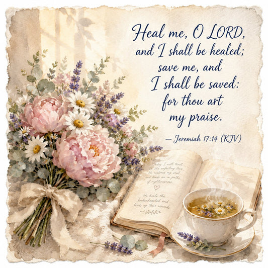 floral, botanical, peonies, daisies, lavender, vintage, scripture, religious, inspirational, healing, prayer, cream, ivory, dusty rose, pink, purple, sage green, eucalyptus, tea cup, herbal tea, book, spiritual, elegant, romantic, cottage core, farmhouse, spring, summer, traditional, nature