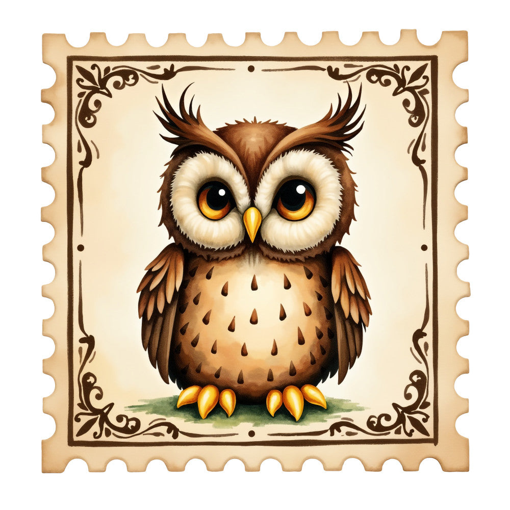 Halloween Postage Stamps Fabric Panel 12 featuring a detailed vintage-style owl on premium 100% quilting cotton fabric.