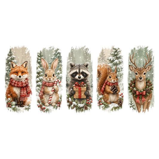 winter woodland animals, christmas holiday, forest animals, fox, rabbit, raccoon, deer, snow scene, evergreen trees, red scarves, candy canes, gift boxes, pine cones, berries, festive, snowy, cream, beige, tan, forest green, rust orange, traditional, whimsical, rustic, winter animals, holiday decorative, christmas wall hanging, seasonal, nature themed, woodland creatures