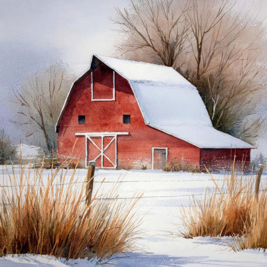 red barn, winter snow, snowy landscape, farmhouse, rural, countryside, barn door, white trim, bare trees, golden wheat, rustic, traditional, pastoral, winter scene, christmas, holiday, red, white, cream, tan, brown, blue, landscape, nature, seasonal, farm life, americana, folk art, watercolor style, cottage core