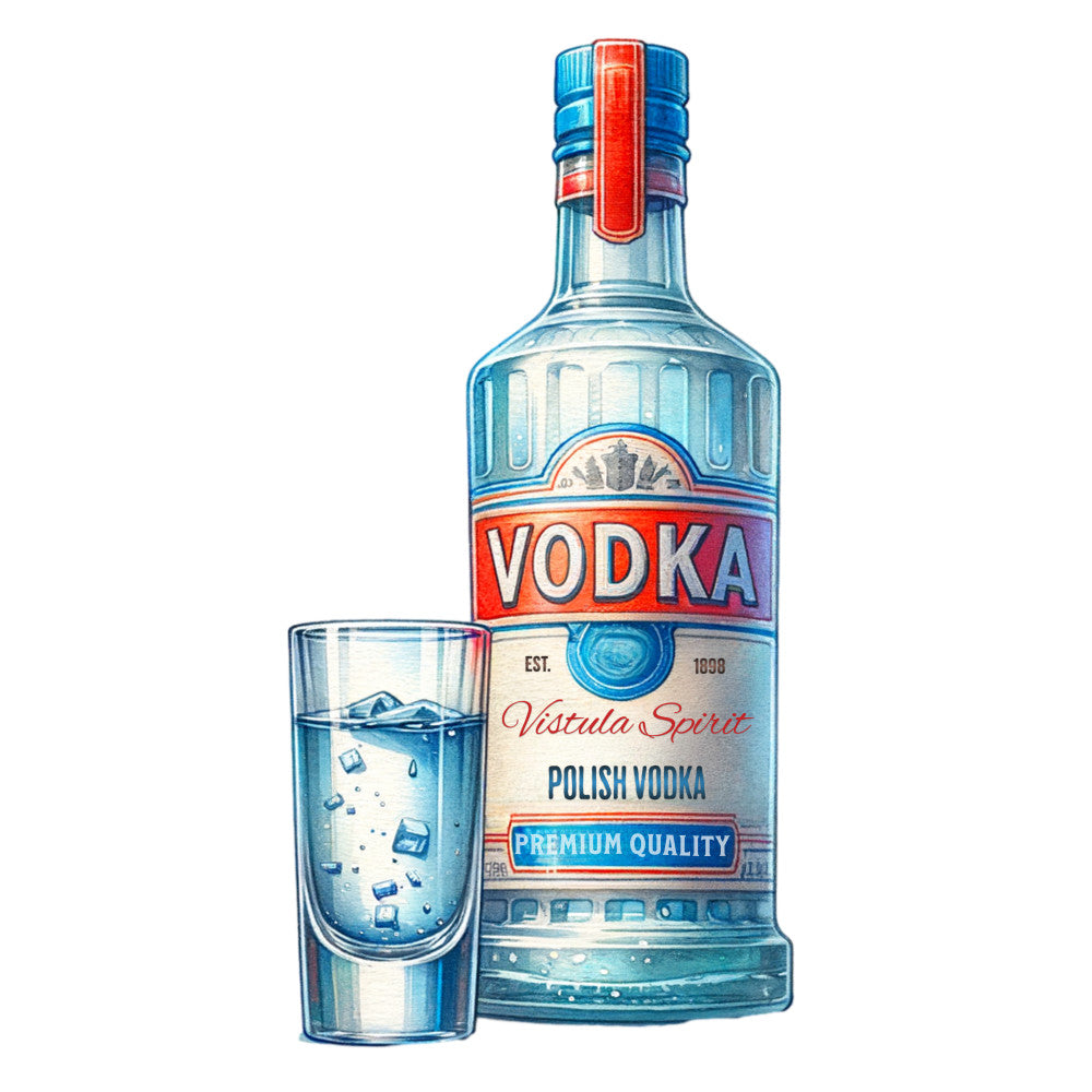 vodka bottle, shot glass, ice cubes, clear glass, red label, blue accents, polish vodka, premium quality, alcohol themed, beverage illustration, transparent bottle, drinking glass, bar scene, liquid spirits, bottle cap, vintage style, fabric panel, quilting cotton, realistic artwork, turquoise tones