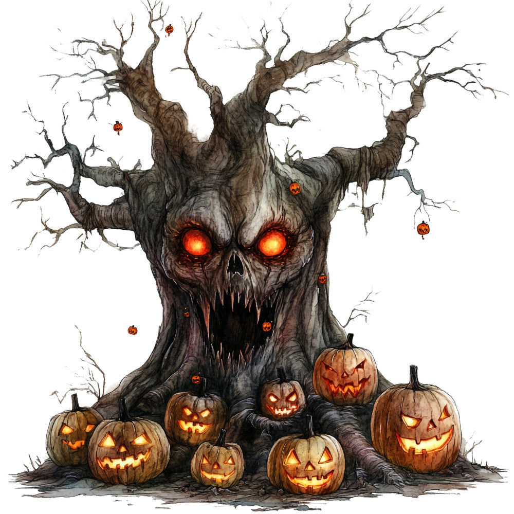 halloween, spooky, haunted tree, jack-o-lantern, pumpkin, skull, evil eyes, glowing eyes, dark brown, charcoal gray, burnt orange, jack-o-lanterns, autumn, fall, horror, scary, gothic, creepy, festive, seasonal, holiday, pumpkins, carved pumpkins, illuminated, glowing, sinister, frightening, themed, decorative, statement panel