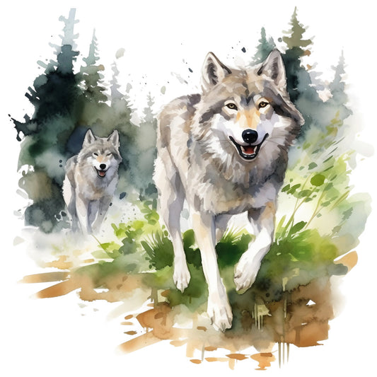 wolves, watercolor style, forest scene, gray wolves, pine trees, evergreen trees, nature artwork, wildlife panel, fabric panel, quilting cotton, earth tones, green foliage, brown accents, white background, realistic animals, outdoor scene, woodland creatures, artistic brushstrokes, natural habitat, wolf pack