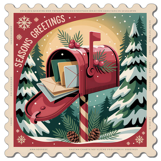 Vintage Christmas Stamps Fabric Panel 36 featuring a festive mailbox with holiday letters and snowy pine trees in premium quilting cotton.