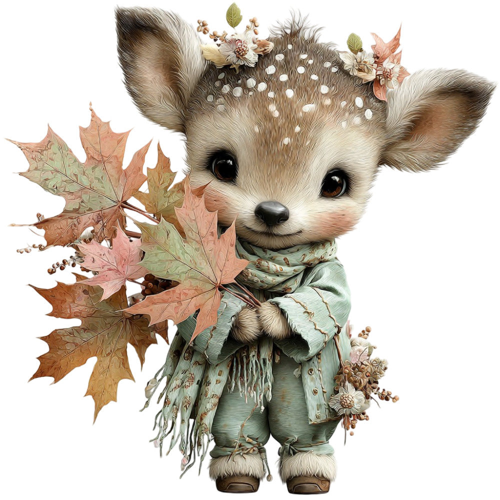 autumn, fall, cute animals, woodland creatures, deer, fawn, whimsical, nature, seasonal, leaves, maple leaves, floral, flowers, rustic, vintage, autumn colors, sage green, cream, tan, brown, rust, copper, cozy, harvest, forest, animal print, child-friendly, storybook, illustrated, botanical