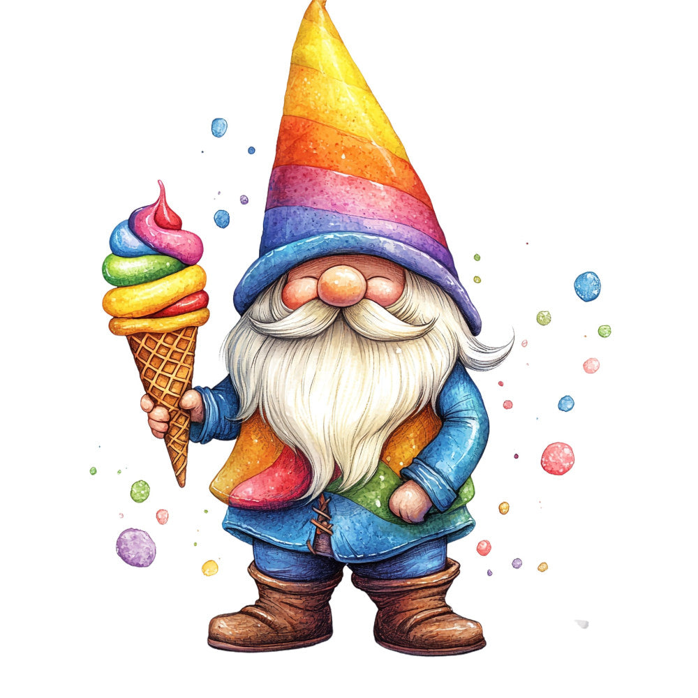 gnome, whimsical, rainbow, ice cream cone, colorful, party, celebration, children, kids, playful, multicolor, bright colors, yellow, blue, pink, red, orange, purple, green, fantasy, magical, festive, summer, candy, sweet, cute, illustrated, storybook, novelty