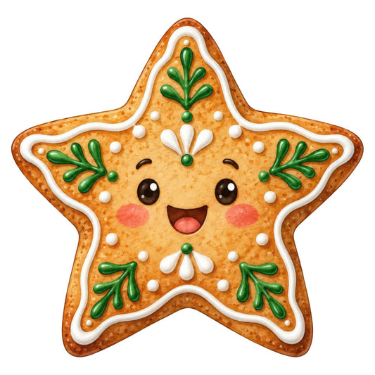 gingerbread, christmas, holiday, festive, cute, whimsical, kawaii, star, gingerbread man, cookie, baking, winter, seasonal, golden brown, cream white, forest green, red cheeks, hand painted, folk art, traditional, playful, children, kids, decorative, food themed, baked goods, retro, vintage inspired, smile face, embellished