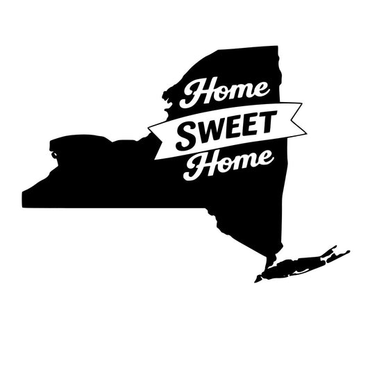 home sweet home, new york state, black and white, monochrome, typography, text design, banner, ribbon, vintage, retro, americana, rustic, farmhouse, home decor, wall art, inspirational, motivational, state silhouette, regional, geographical, modern, bold, graphic design, home themed, sentiment, classic, timeless