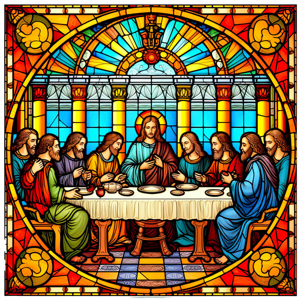 stained glass, religious, last supper, jesus christ, gold, yellow, blue, cyan, red, orange, turquoise, traditional, elegant, spiritual, christian, ecclesiastical, architectural, columns, arched window, radiating rays, halo, apostles, dining scene, faith-based, classic, ornate, jewel tones, baroque, devotional, biblical