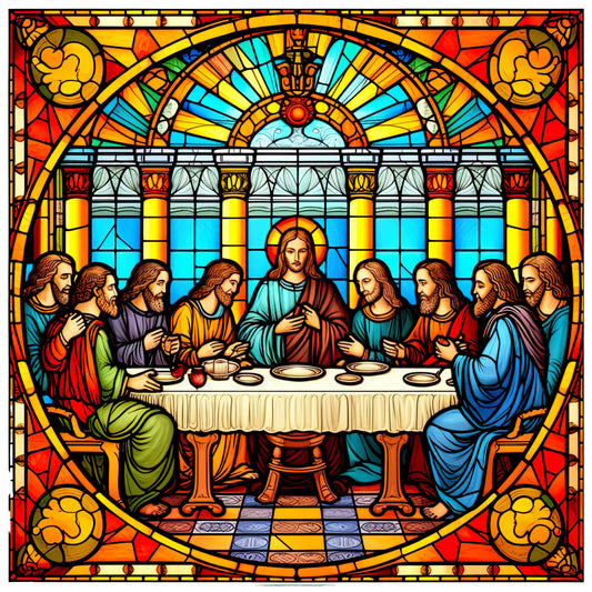 stained glass, religious, last supper, jesus christ, gold, yellow, blue, cyan, red, orange, turquoise, traditional, elegant, spiritual, christian, ecclesiastical, architectural, columns, arched window, radiating rays, halo, apostles, dining scene, faith-based, classic, ornate, jewel tones, baroque, devotional, biblical