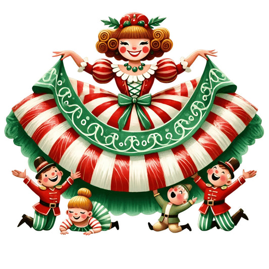 christmas, holiday, festive, vintage, whimsical, retro, clown, circus, performer, red and white striped, forest green, cream, gold, nostalgic, mid-century, children, playful, joyful, decorative, traditional, jolly, festive gathering, family, celebration, striped pattern, ornamental, cheerful, candy cane, seasonal