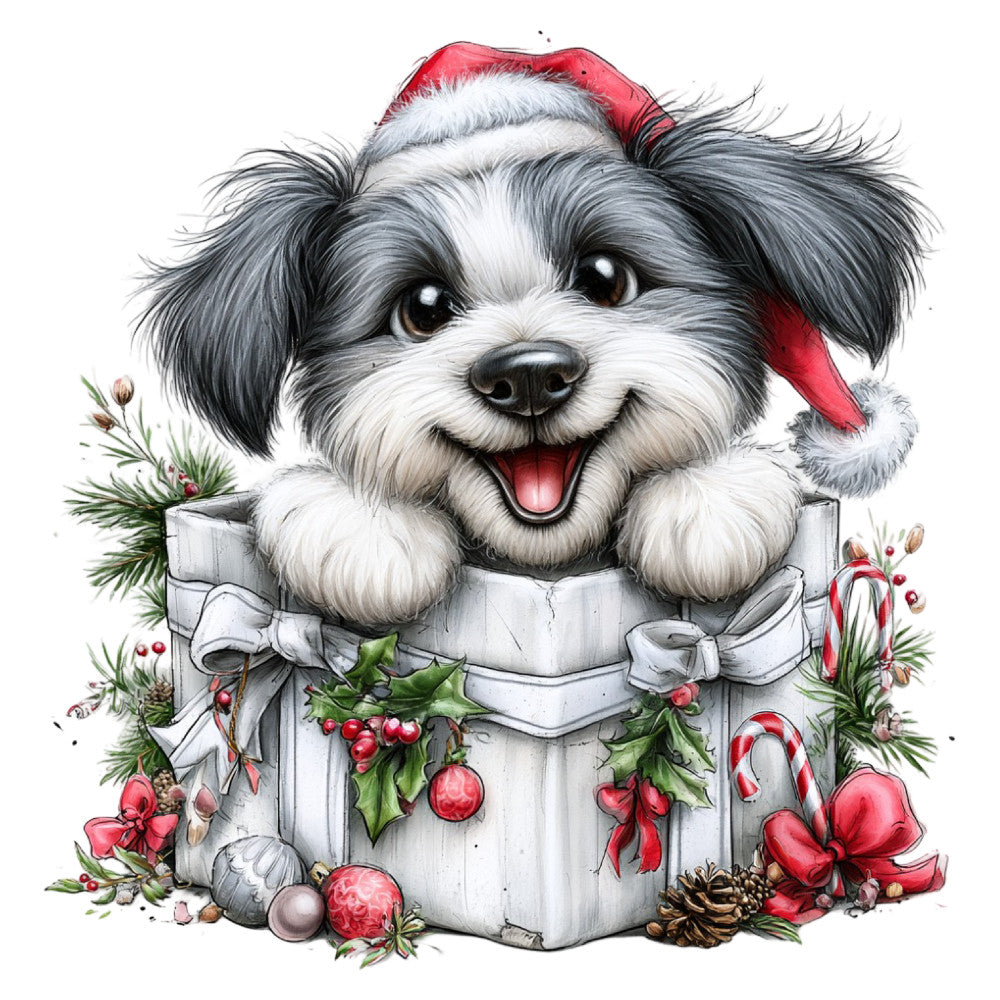 christmas dog, holiday puppy, shih tzu, black and white dog, festive pet, santa hat, gift box, red and white, evergreen, holly, candy cane, ornaments, pinecones, red ribbons, winter holiday, seasonal decoration, whimsical, cute animal, pet lover, christmas present, snow white, forest green, metallic gold, cheerful, family friendly, children's design, festive theme, dog breed, smiling puppy, holiday cheer