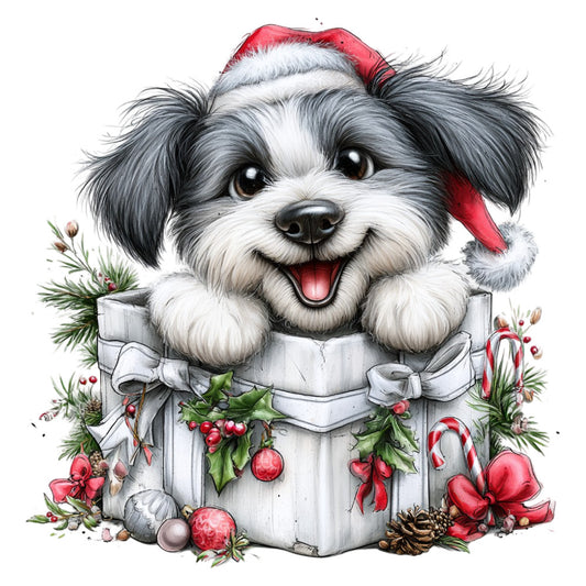 christmas dog, holiday puppy, shih tzu, black and white dog, festive pet, santa hat, gift box, red and white, evergreen, holly, candy cane, ornaments, pinecones, red ribbons, winter holiday, seasonal decoration, whimsical, cute animal, pet lover, christmas present, snow white, forest green, metallic gold, cheerful, family friendly, children's design, festive theme, dog breed, smiling puppy, holiday cheer