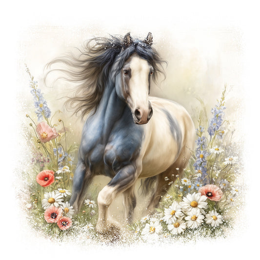 horse, wildflowers, meadow, cream background, gray mane, white body, daisies, poppies, lavender, pastoral scene, watercolor style, flowing mane, fabric panel, quilting cotton, nature scene, floral border, soft colors, equestrian theme, spring flowers, dreamy artwork