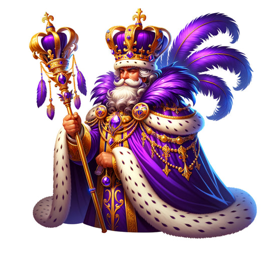 purple, gold, royal blue, white, ermine, king character, crown, scepter, ornate jewelry, feathers, plumes, regal costume, mardi gras theme, carnival, watercolor style, fabric panel, quilting cotton, festive, elaborate robes, bearded monarch