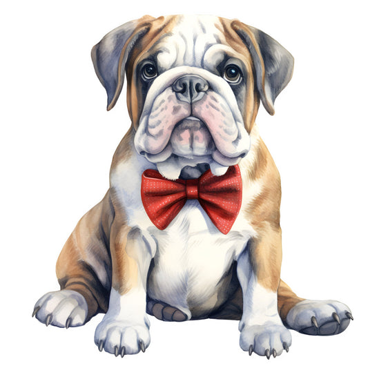 bulldog, red bow tie, dog portrait, animal, pets, cute dogs, fawn and white, tan and cream, white markings, wrinkled face, friendly, whimsical, playful, children's, baby, adorable, dress up, formal wear, cute animal, puppy, dog lover, pet themed, illustration, charming, sweet, elegant touch, red accent, bow tie detail