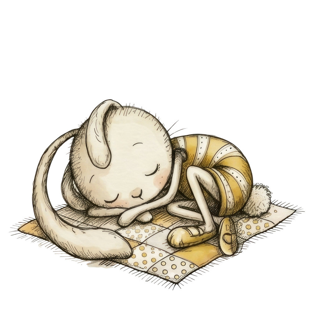 cream, tan, golden yellow, soft brown, whimsical, cute, animals, bunny, rabbit, sleeping, peaceful, nurturing, gentle, children's, baby, nursery, storybook illustration, vintage inspired, cozy, charming, playful, comfort, blanket, bedding, panel, sweet, adorable, soft pastels