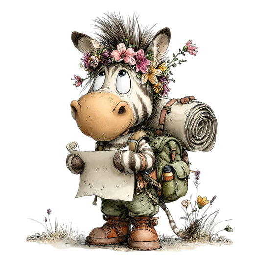 whimsical cow, floral crown, adventure theme, woodland animals, cute farm animals, nursery fabric, children's illustration, flowers, pink flowers, yellow flowers, purple flowers, rustic, vintage style, bohemian, nature inspired, backpacking, travel theme, camping, explorer, map, rolled scroll, boots, backpack, spring flowers, soft colors, tan, cream, green, brown, animal character