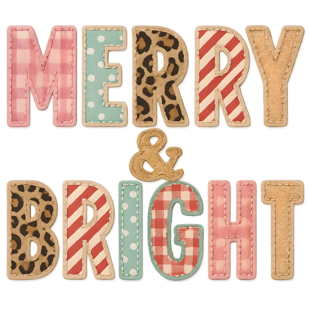 pink, mint green, red, brown, leopard print, polka dots, diagonal stripes, gingham, christmas, holiday, seasonal, fabric panel, quilting, cotton, festive, winter, stitched letters, ampersand, merry and bright, craft project