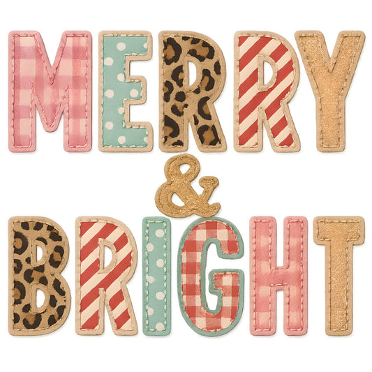 pink, mint green, red, brown, leopard print, polka dots, diagonal stripes, gingham, christmas, holiday, seasonal, fabric panel, quilting, cotton, festive, winter, stitched letters, ampersand, merry and bright, craft project