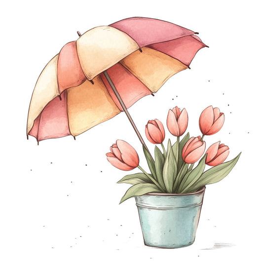 coral pink, cream, pale yellow, soft peach, dusty rose, sage green, light blue, floral, tulips, umbrella, rain, spring, nature, whimsical, botanical, watercolor, gentle, soft, romantic, cottage garden, potted flowers, raindrop, pastel, feminine, traditional, vintage, spring flowers, garden theme, cheerful, delicate