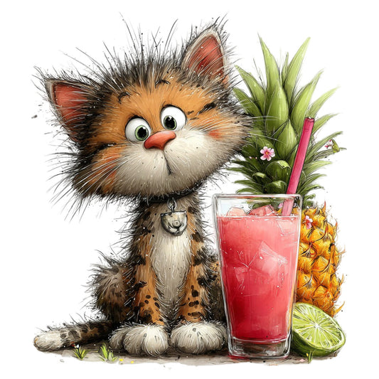 cat, kitten, tropical, whimsical, playful, orange, coral pink, red, lime green, yellow, nature, animals, cute, cartoon style, illustrative, pineapple, flowers, botanical, beverage, cocktail, summer, spring, bright, cheerful, fun, children's, modern, artistic, colorful, drink themed