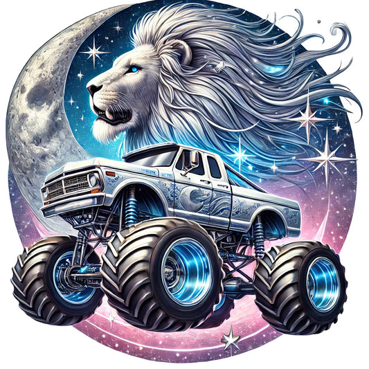 celestial, lion, moon, stars, night sky, monster truck, lifted truck, glow-in-the-dark, fantasy, whimsical, magical, cosmic, space, metallic blue, silver, purple, pink, deep blue, navy, gradient, abstract, modern, boys, men, vehicles, animals, wildlife, glowing wheels, neon, futuristic