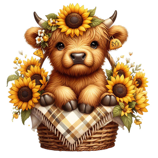 Sunflower Highland Cows Fabric Panel 14 with adorable highland calf surrounded by bright sunflowers in a woven basket design