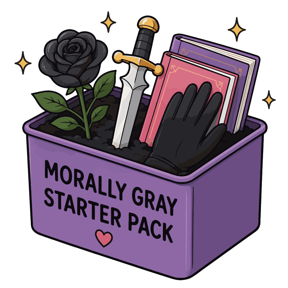 morally gray, starter pack, purple, black, charcoal gray, rose pink, dark rose, gold accents, black rose, sword, dagger, books, gloves, gothic, dark romance, witchy, moody, whimsical, humorous, novelty, fantasy, dark academia, literary, dramatic, elegant, celestial stars, sparkles, heart motif, nature elements, modern
