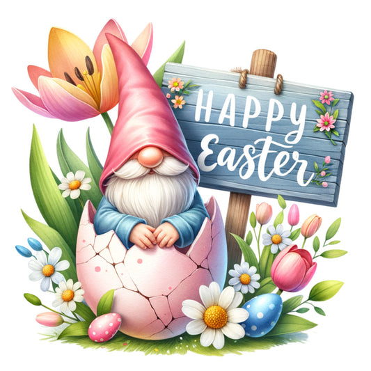 easter gnome, fabric panel, quilting cotton, spring flowers, pastel colors, pink hat, white beard, cracked egg, tulips, daisies, easter eggs, whimsical illustration, watercolor style, garden gnome, seasonal design, floral elements, blue sign, festive theme, craft project, sewing panel