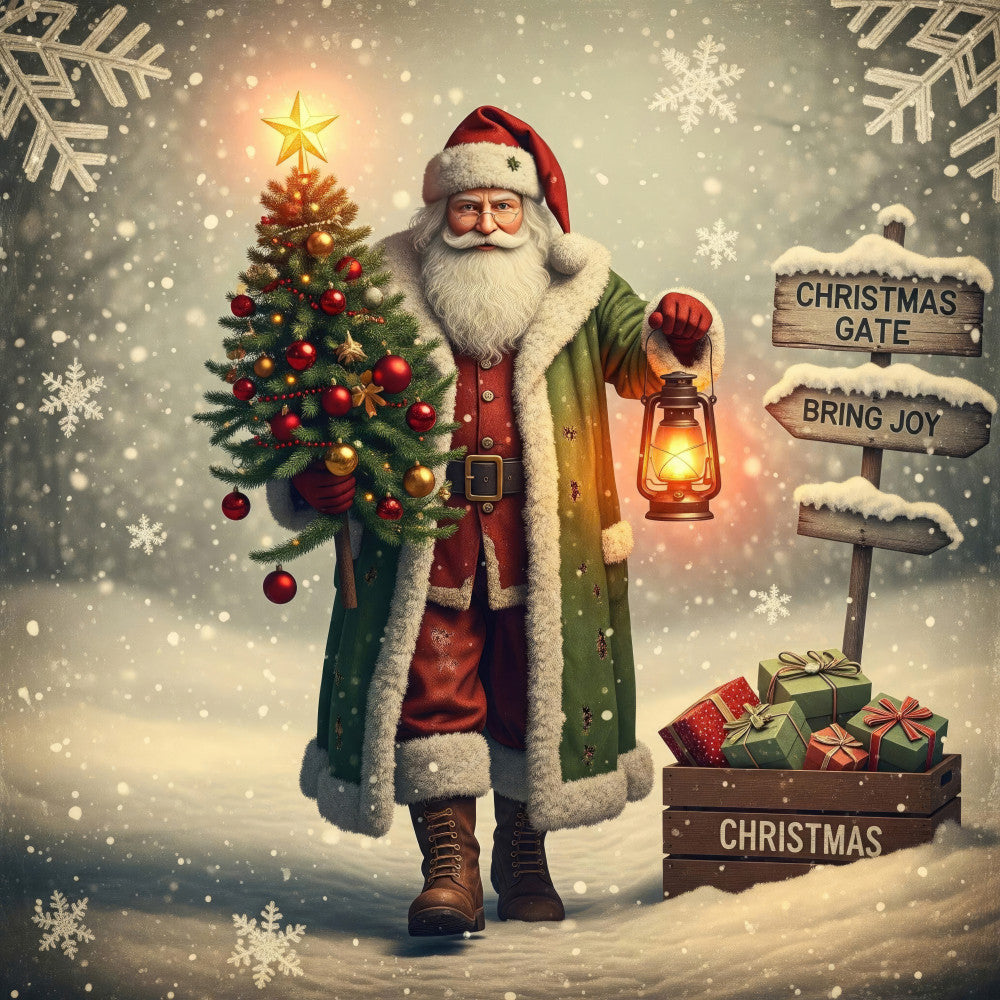 santa claus, christmas, holiday, winter, snow, snowflakes, christmas tree, gold star, lantern, gifts, presents, festive, traditional, whimsical, vintage, red, green, gold, cream, forest green, burgundy, warm tones, seasonal, christmas decor, joy, decorative panel, festive scene, nostalgic, classic christmas