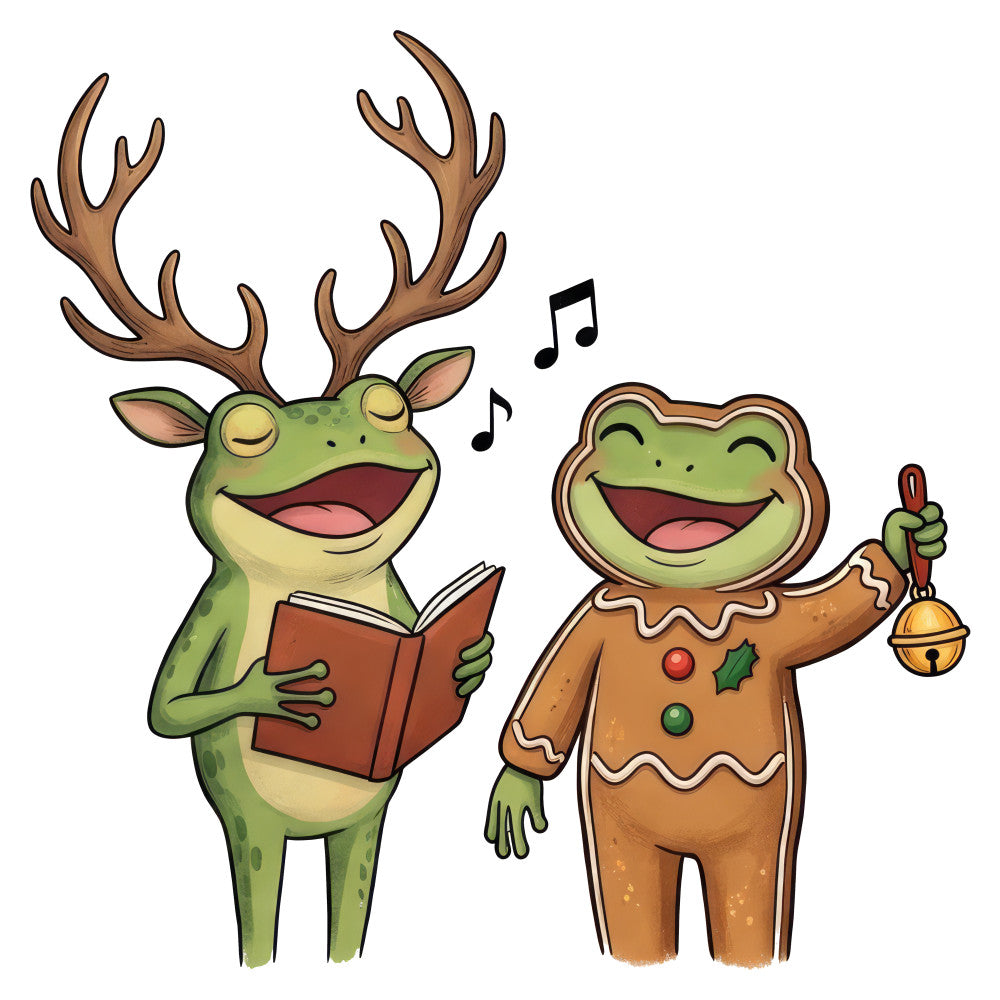 christmas, holiday, festive, whimsical, playful, frog, frogs, gingerbread man, reindeer, antlers, singing, music, caroling, joy, cheerful, green, brown, tan, gold, red, animals, nature, winter, cute, fun, decorative, children's, kid's, novelty, humorous