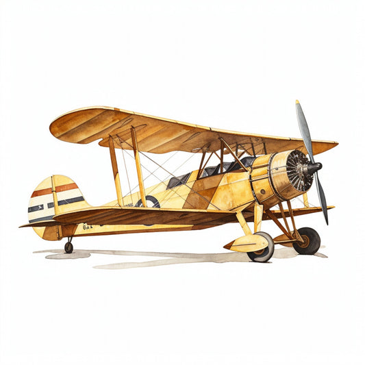 vintage airplane, biplane, cream, tan, brown, gold, ochre, navy blue, red stripe, aviation, retro, steampunk, transportation, aircraft, propeller, vintage travel, 1920s, 1930s, nostalgic, masculine, adventure, pilot theme, art deco, mechanical, industrial style, travel theme, adventure seeker, vintage inspired, heritage colors, classic aviation
