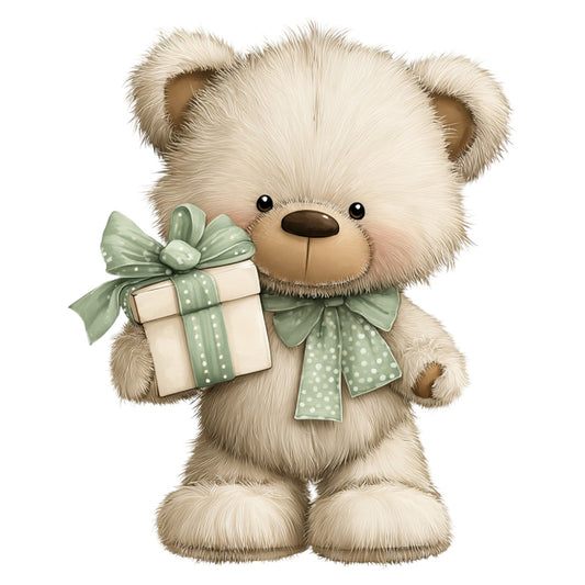 cream teddy bear, sage green, soft green polka dots, cute animals, bears, children's, baby theme, whimsical, adorable, gift bows, decorative ribbons, nursery, pastel colors, gentle style, sweet, charming, baby shower, gender neutral, soft neutrals, pale cream, muted green, bow tie motif, stuffed animal, plush look, illustration style, contemporary cute, kawaii style, gift wrapped, ribbon detail, young children