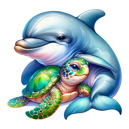 watercolor art, dolphin, sea turtle, blue tones, aqua, teal, green shell, ocean animals, marine life, cute characters, soft pastels, whimsical style, fabric panel, quilting cotton, children's design, nursery theme, sea creatures, friendly animals, artistic illustration, coastal theme