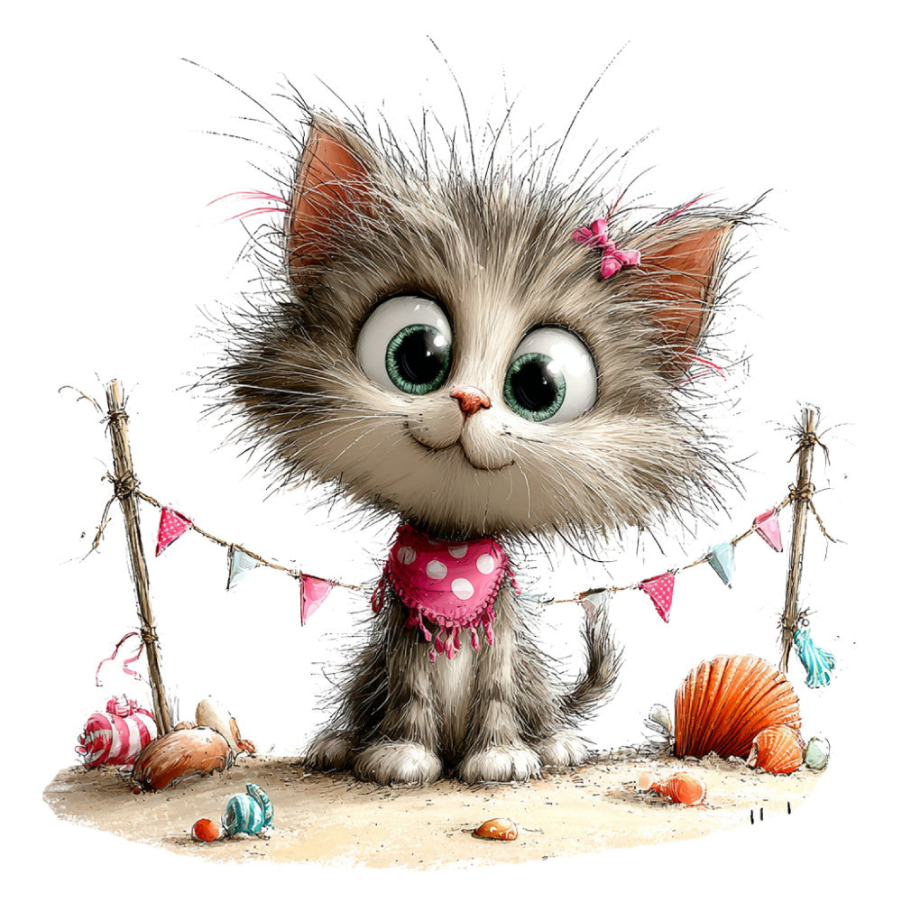 cat, kitten, whimsical, cute, beach, nautical, shells, bunting, pink, coral, orange, cream, ivory, gray, brown, animal, children's, playful, illustration, festive, party, coastal, sand, seashells, girl, feminine, charming, storybook, decorative