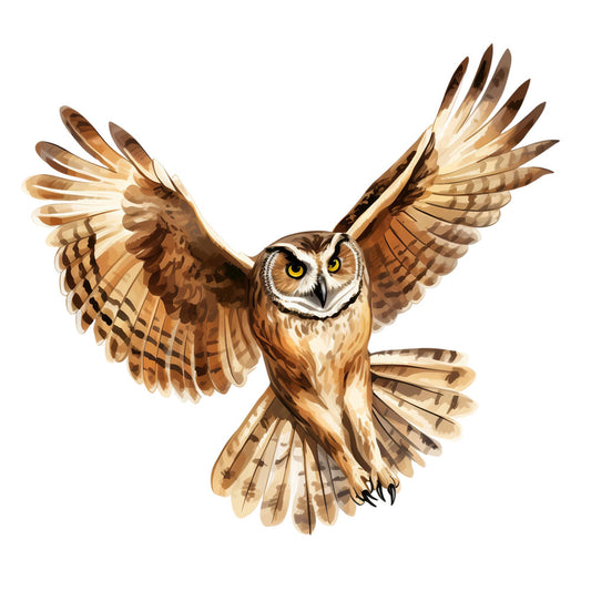 watercolor owl, flying owl, brown owl, tan colors, cream tones, golden brown, amber eyes, spread wings, feather details, bird panel, fabric panel, quilting cotton, nature theme, wildlife art, owl illustration, soft painting style, earth tones, striped feathers, realistic owl, outdoor theme