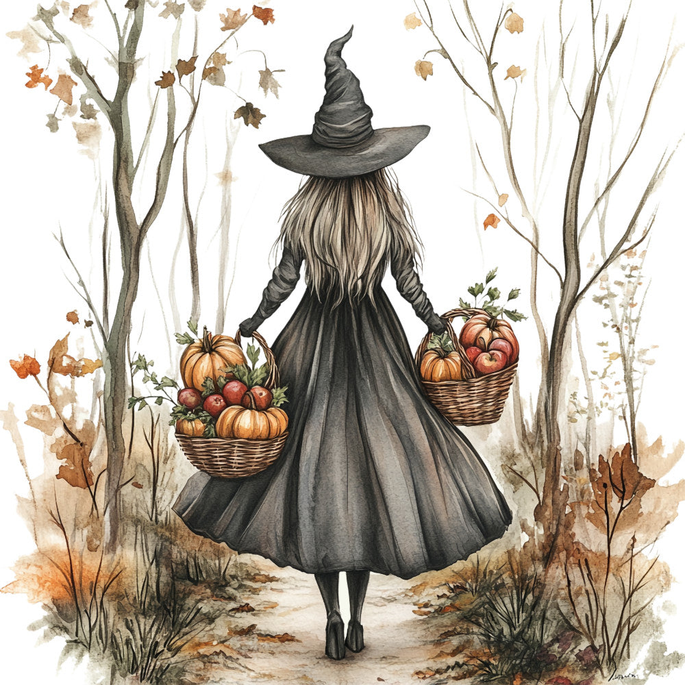 watercolor, witch, autumn, fall, pumpkins, harvest baskets, orange, brown, gray, black, bare trees, falling leaves, magical, fantasy, cottage core, fabric panel, quilting cotton, seasonal, halloween, rustic, woodland scene