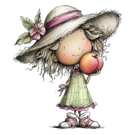 whimsical, girl, straw hat, garden, spring, summer, apple, floral, pink, cream, green, sage green, rust, cottage core, vintage, sweet, charming, child illustration, nature, botanical, flower, pastoral, country, farmhouse, children's, playful, soft, illustration style, character panel, nursery