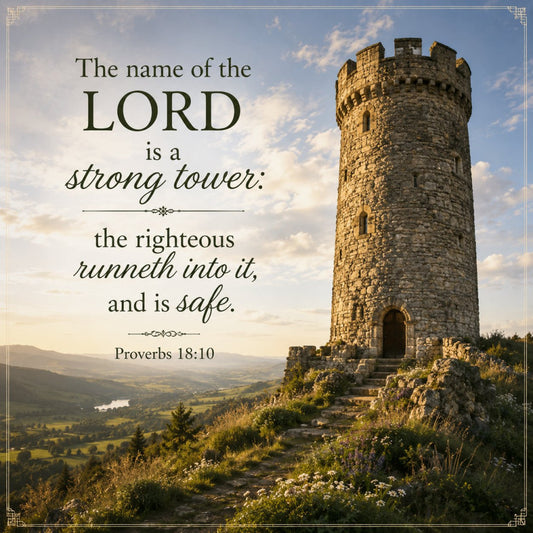 stone tower, castle, landscape, scenic, religious, inspirational, scripture, proverbs, bible verse, spiritual, faith, protection, tower of strength, safe haven, golden stone, blue sky, countryside, rolling hills, nature scene, traditional, elegant, rustic, vintage, sage green, cream, sky blue, tan, earth tones, motivational quote, spiritual wall hanging