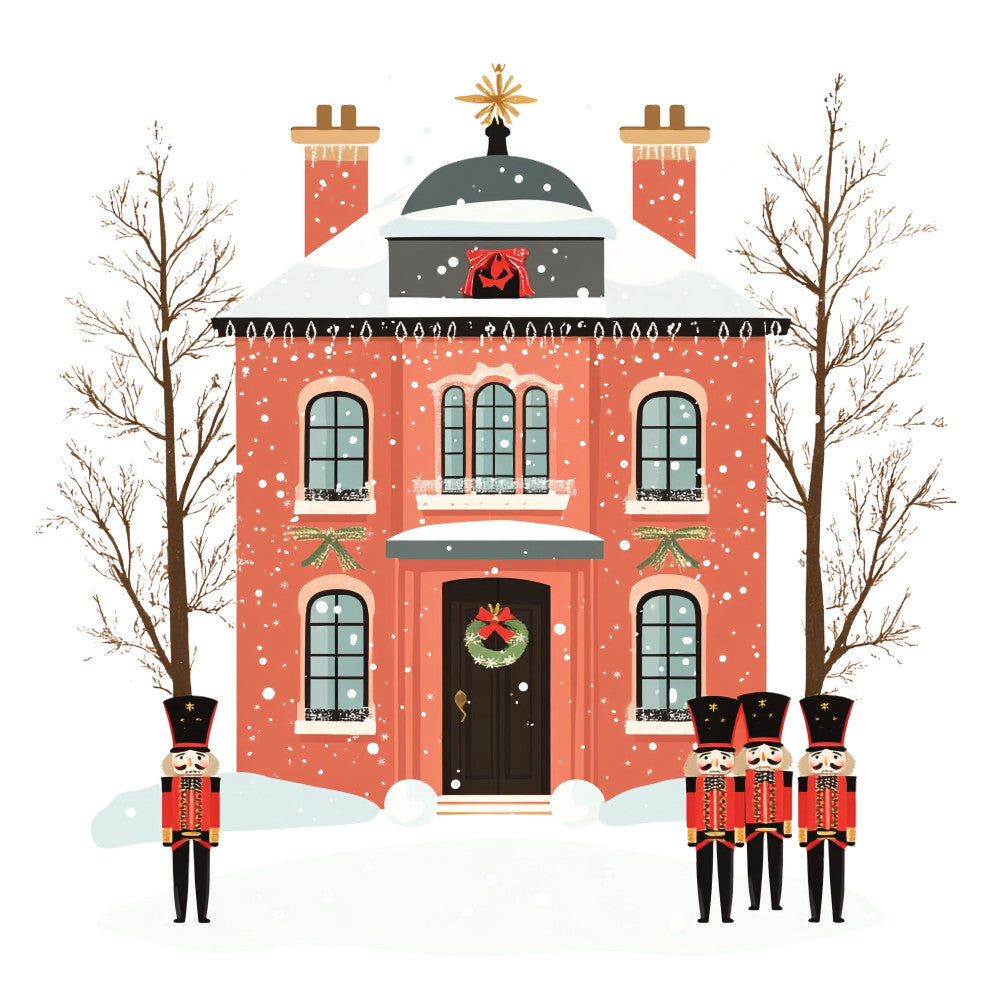 christmas, holiday, winter, festive, nutcracker, soldiers, red, coral red, cream, white, gold, charcoal gray, dark green, snow, snowing, snowflakes, architectural, building, house, traditional, whimsical, decorative, seasonal, christmas decor, nutcracker soldiers, wreath, door, windows, chimney, celebration