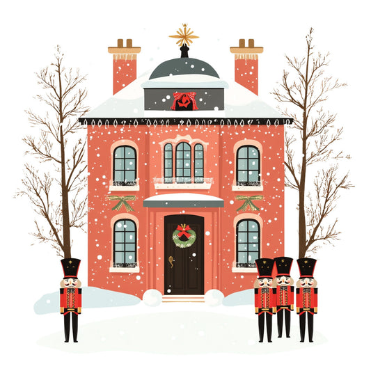 christmas, holiday, winter, festive, nutcracker, soldiers, red, coral red, cream, white, gold, charcoal gray, dark green, snow, snowing, snowflakes, architectural, building, house, traditional, whimsical, decorative, seasonal, christmas decor, nutcracker soldiers, wreath, door, windows, chimney, celebration