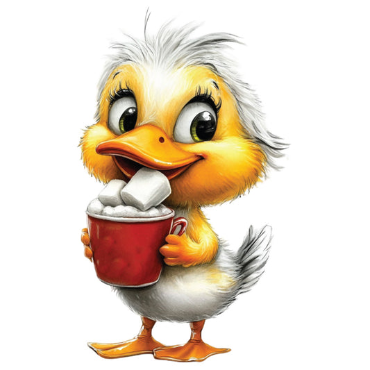 whimsical duck, yellow duckling, orange beak, fluffy feathers, gray hair, green eyes, red mug, hot chocolate, marshmallows, cartoon style, adorable character, fabric panel, quilting cotton, cheerful design, bright colors, cozy theme, children's fabric, nursery decor, playful illustration, winter beverage
