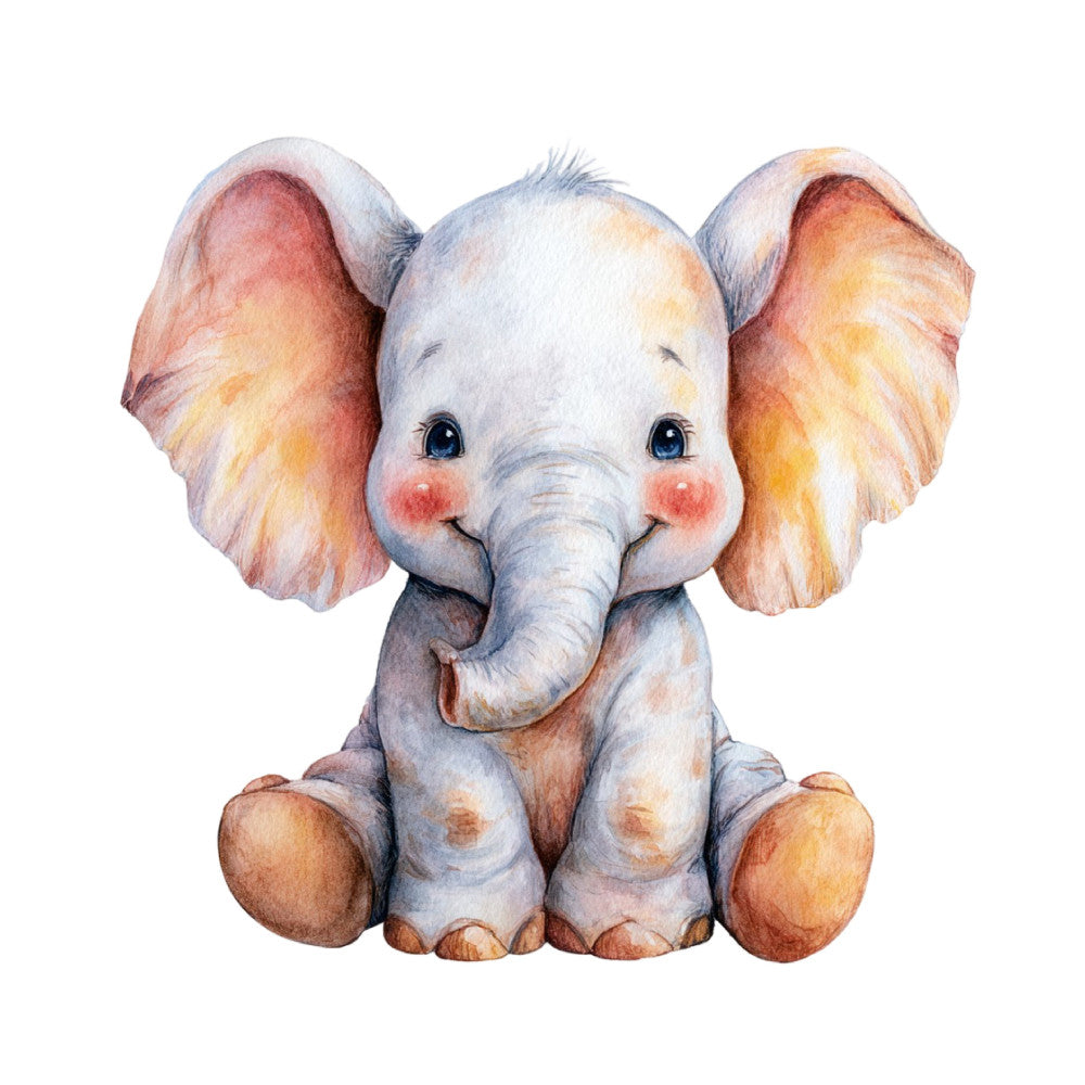 baby elephant, cute animals, whimsical, nursery, pastel colors, soft gray, dusty rose, peachy orange, warm beige, cream, children's illustration, baby shower, gender neutral, sweet, gentle, adorable, storybook, watercolor style, infant decor, baby quilt, wall hanging, young child, playroom, soft tones, animal portrait, sitting elephant, big ears, cheerful, charming, illustration art
