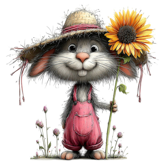 cute cat, whimsical animals, farmhouse style, garden theme, sunflower, pink overalls, straw hat, rustic charm, children's illustration, nature lovers, spring flowers, charming characters, folk art, cottage core, dusty rose, golden yellow, cream, soft colors, playful design, animal characters, floral accents, garden scene, heartwarming, decorative panel, nursery themed, sweet illustration, countryside, vintage inspired, cheerful, engaging characters