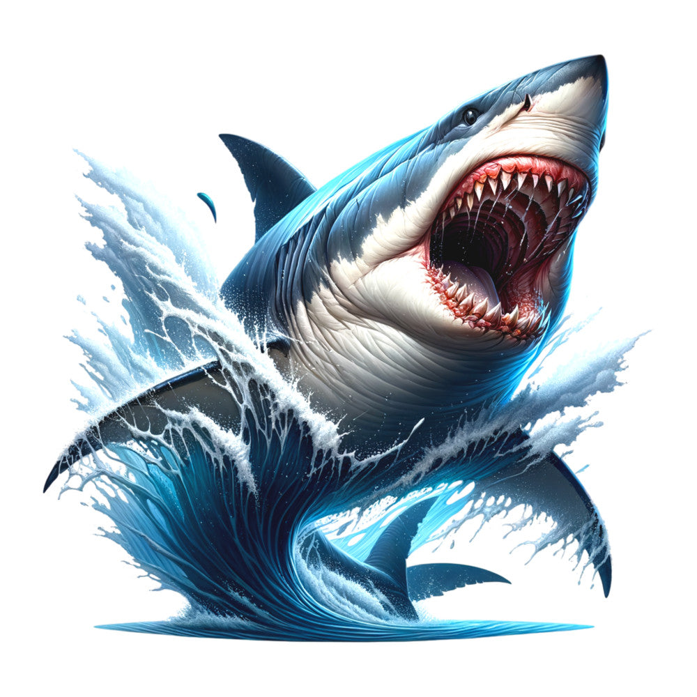 shark, ocean, blue, white, navy, turquoise, water splash, marine life, fierce expression, open mouth, teeth, waves, sea creature, fabric panel, quilting cotton, dramatic, intense, aquatic theme, splashing water, powerful
