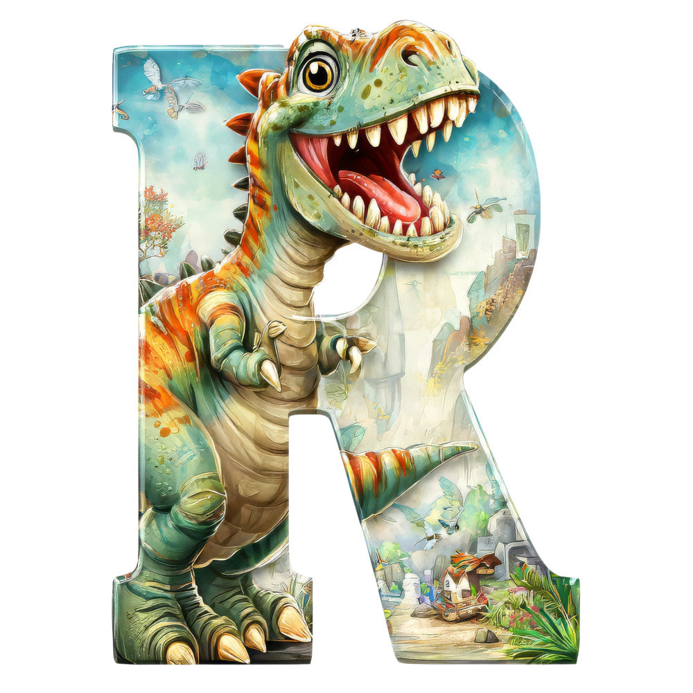 dinosaur, t-rex, prehistoric, letter r, alphabet panel, green, orange, turquoise, blue, cream, beige, sharp teeth, roaring, spikes, claws, fabric panel, quilting cotton, children's theme, reptile, jurassic, watercolor style, vibrant colors, kids decor, educational, learning theme